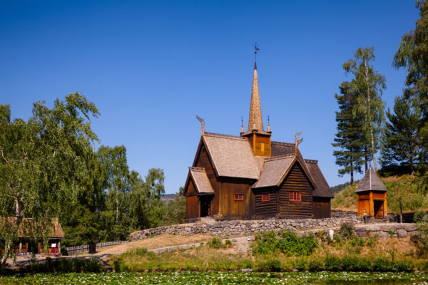Reconstructed wooden Garmo Stave Church (Garmo Stavkyrkje) in Maihaugen Folks museum, Lillehammer, Oppland, Norway, one of the most visited stave churches in Norway