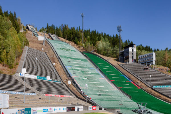 LILLEHAMMER, NORWAY - JULY 27, 2018: Lysgardsbakkene Ski Jumping Arena, 1994 Winter Olympics venue now part of Lillehammer Olympiapark